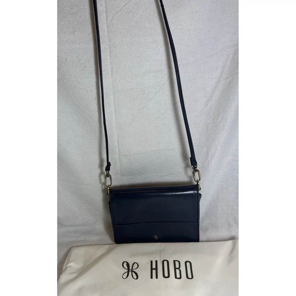 HOBO Jill Wallet Crossbody in Polished Leather -‎ Dark Blue With Dust Bag 7x5